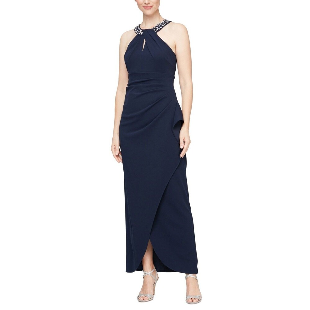SLNY - Size 8 - Twisted-Neck Tulip-Hem Dress - Navy Blue - New With Tags